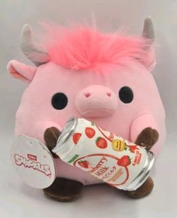 New Snackles Ross the Pink Highland Cow With Strawberry Milk Plush 8" Series