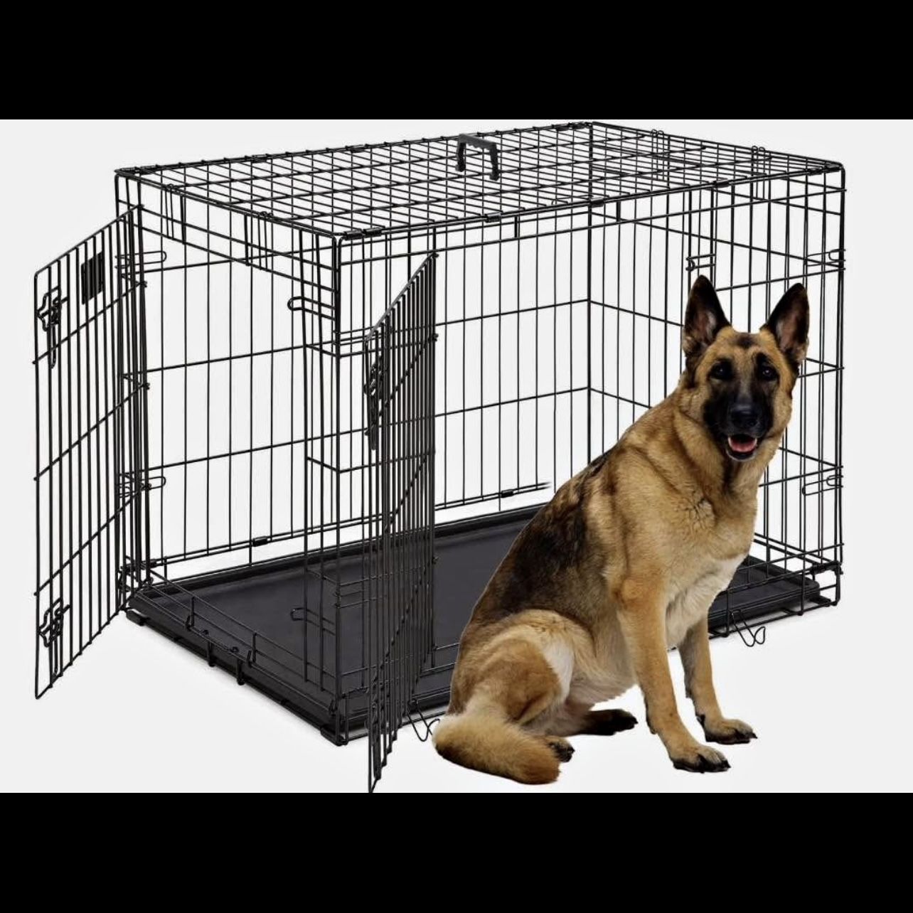Qpets 42” Dog Crate, Folding Dog Kennel, Dog Cage, Two Doors, with a Tray