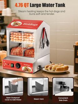 Hot Dog Machine with Bun Warmer, 175 Hot Dogs & 40 Buns Capacity, Electric Hot Dog Bun Warmer with Visible Glass Sliding Door & Clip, 86℉-185℉ Tempera