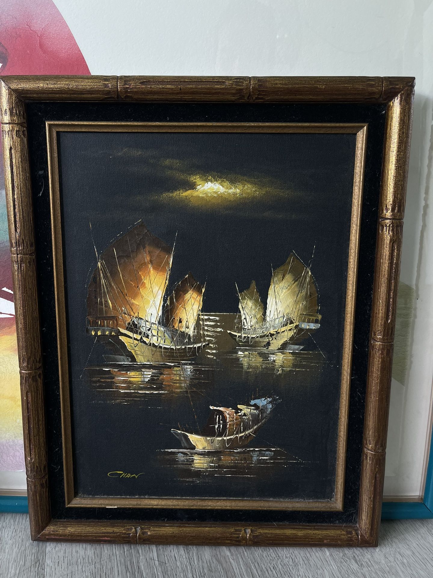 MCM Japaneseq Junk Boat Signed Oil Painting with Gold Wood and Velvet Frame