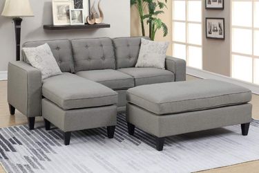 LIGHT GREY POLYFIBER LINEN REVERSIBLE SECTIONAL SOFA OTTOMAN CHAISE