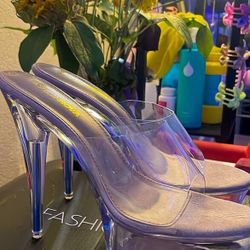 Fashion Nova Way Up PVC Mules Nude Heels 