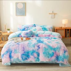 Tie dye Pink/Blue Plush Fluffy Comforter Set - Queen