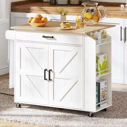 Kitchen island with drop-leaf countertop and power outlet, rolling island cart on wheels, kitchen cart with drawer and spice rack, mobile island table