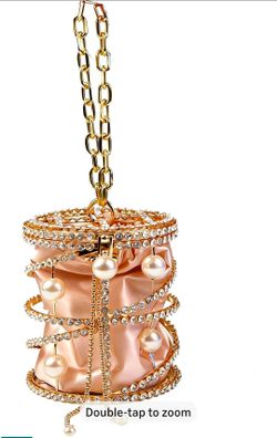 Luxury Women's Party Rhinestone Gold Evening Metallic Bucket Bags Crossbody Bag,Designer Handbags 2025 Pearl Chain Shaped Purse, Dinner Bag Formal, Pe