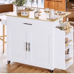 IRONCK Kitchen Island with Storage, Rolling Kitchen Island on Wheels with Drop Leaf, 3 Open Spice Rack Shelf, Door Cabinet, Drawer, Kitchen Cart Islan