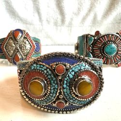 Vintage handcarved Tibetan silver Bangle inlaid with Amber,Coral and Turquoise stone
