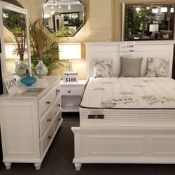 Brand New White Queen Bedframe + Dresser + Mirror + Nightstand 4PCs Bedroom Set