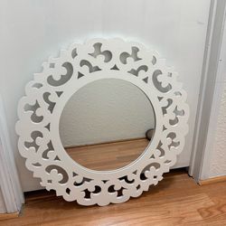 Round White Carved Wood Wall Mirror Ornate Cutout Farmhouse Boho Decor