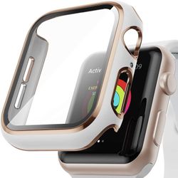 AISIBY Case Compatible with Apple Watch Series 6/5/4/se 44mm with Built-in Tempered Glass Screen Protector,Rose Gold Edge White Bumper Full Coverage H