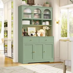 B689 $150  71 Tall Kitchen Pantry Cabinet with Microwave Shelf, Wooden Storage Unit for Dining Area with Adjustable Shelves  Green Kitchen Pantry Cabi