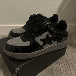Bapesta Black Grey Patent Leather Sneakers