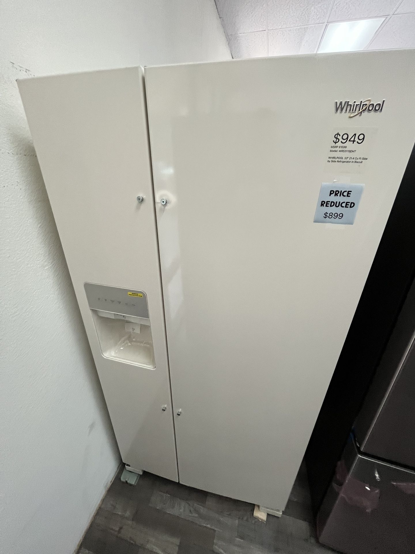 Price Reduced Now Only $899 Whirlpool Side by Side Refrigerator, Biscuit Color, One Yr Warranty
