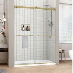 Sunrosa Frameless Double Sliding Shower Door 56 1/8-60" W x 76" H, 5/16" (8mm) Thick Easy-Clean Tempered Glass, Soft-Close Adjustable Shower Door with
