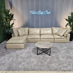RH - Tan Leather Restoration Hardware Original Cloud Couch (5pc) | Petite