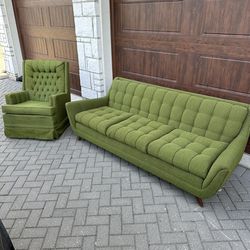 mcm vintage green tufted couch sofa and rocking chair  