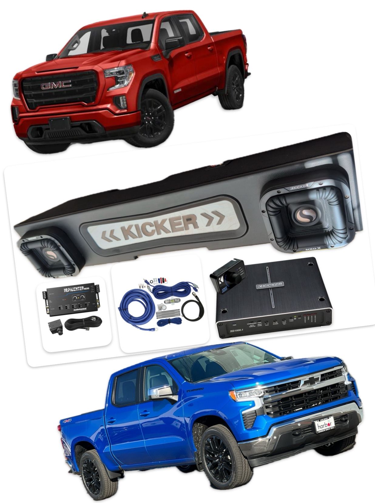 CHEVY SILVERADO GMC SIERRA 2019-up FULL BASS PACKAGE KICKER SOLO X 8” Custom Box Installed