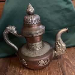 Antique Brass and Copper Tibetan Silver Plated Teapot.