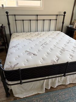 King size Pottery Barn iron bed with mattress and box