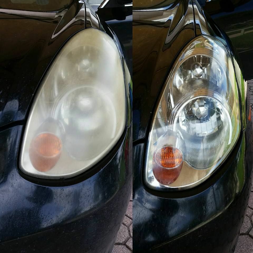 Before and after headlight restoration . 4 step process