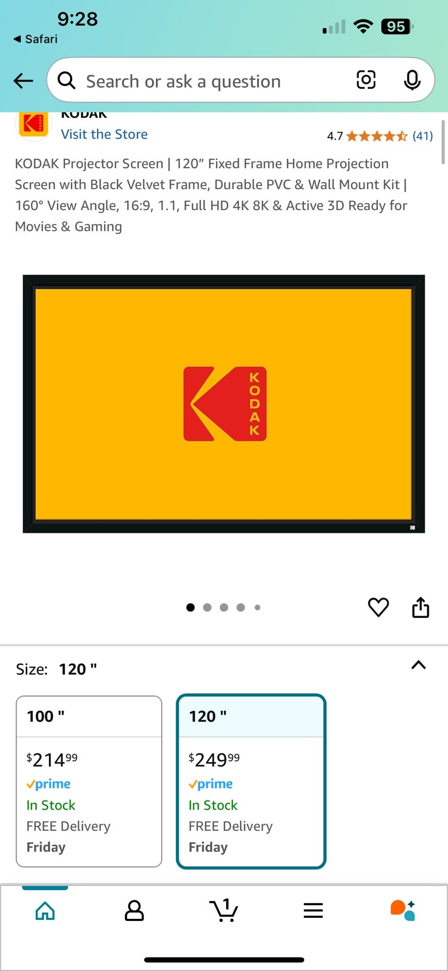 KODAK Projector Screen | 120” Fixed Frame Home Projection Screen with Black Velvet Frame, Durable PVC & Wall Mount Kit | 160° View Angle, 16:9, 1.1, F