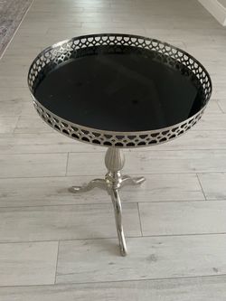 Silver Pedestal Side Table with Black Glass Top