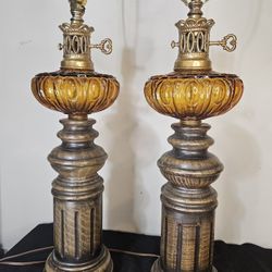 Vintage Large Amber Glass Lamps with Key Detail - MCM , Mid Century Modern