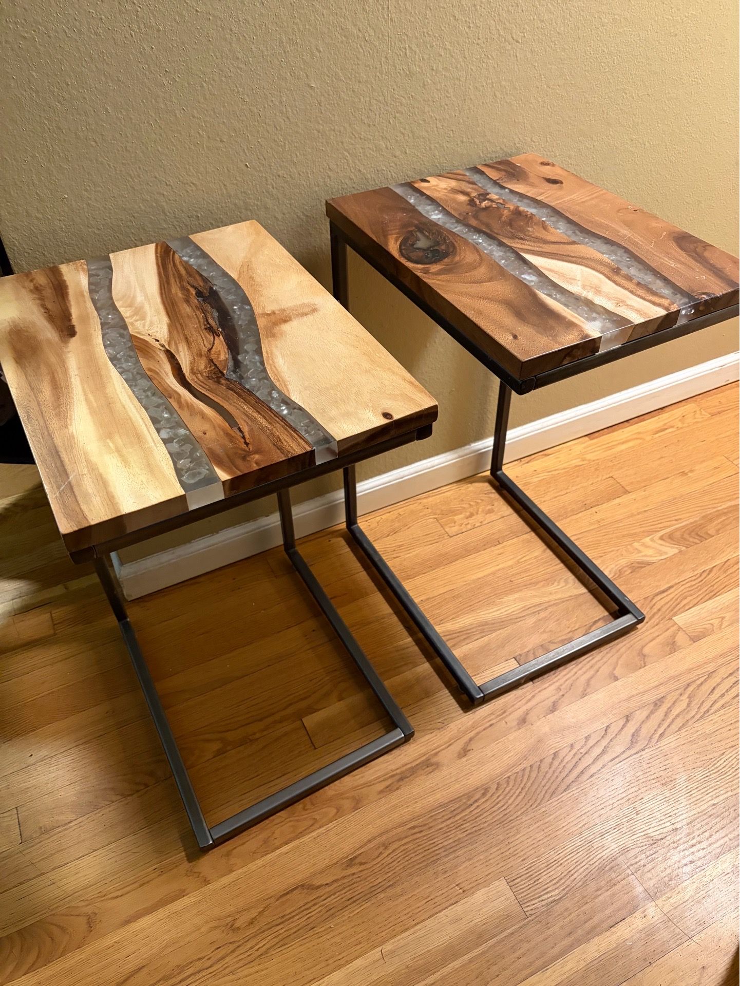 Unique Wood Epoxy Resin River C- end Tables Pair. Read description 1st