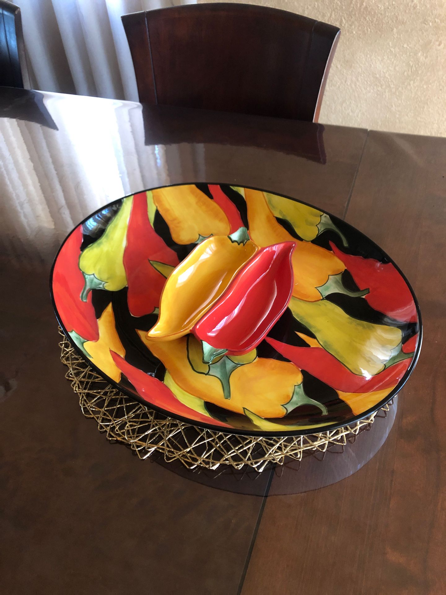 Large chip n dip platter with bowl peppers design clay arts hand painted new I have box