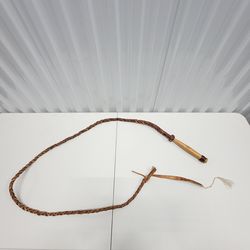 Vintage 6ft Braided Leather Brown Bull Whip With Wooden Handle Mexico