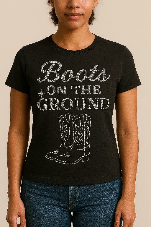“Boots on the Ground” Rhinestone Tee – Line Dance Vibes!