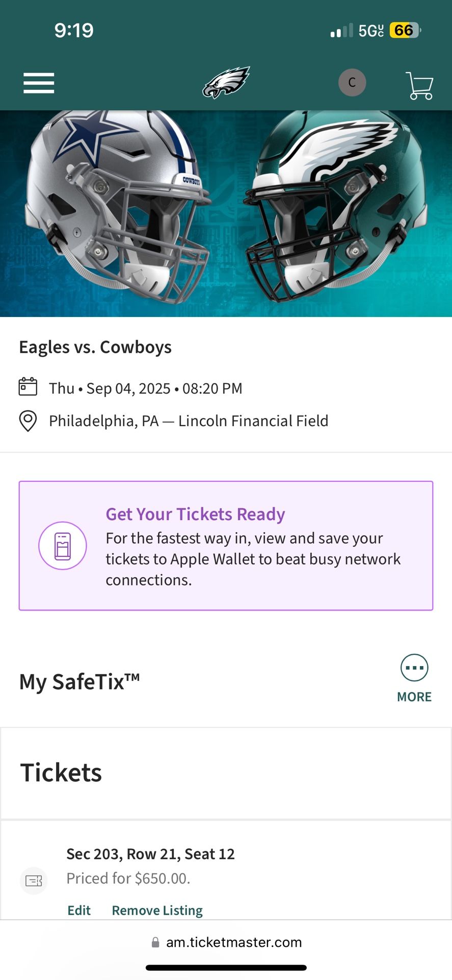 Pair of Eagles Tickets Opening Day Dallas Cowboys vs Philadelphia Eagles 