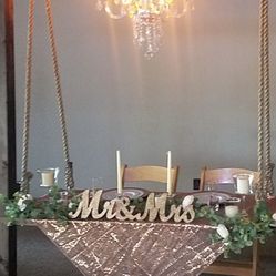 Sweetheart Table Decor.Includes Rose Gold Sequin Table Cloth, Rose Gold Glitter Mr & Mrs Sign, Rose Gold Mr/Mrs Glass Champagne Glasses, 3 Candle Sets