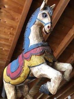 Vintage Antique Wooden Horse Carved Wood Circus Carnival Clown Decor Ranch Desert Kids Play Room Nursery Standing Horse Hand Painted Statue Figure 