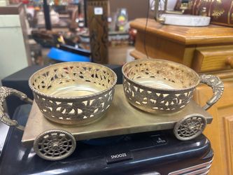 Brass Reticulated Double Bowl Cart Serving Piece