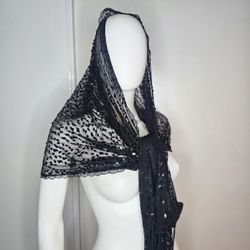 VTG Elegant Black Lace Sequin Scarf Shawl w/ Fringe