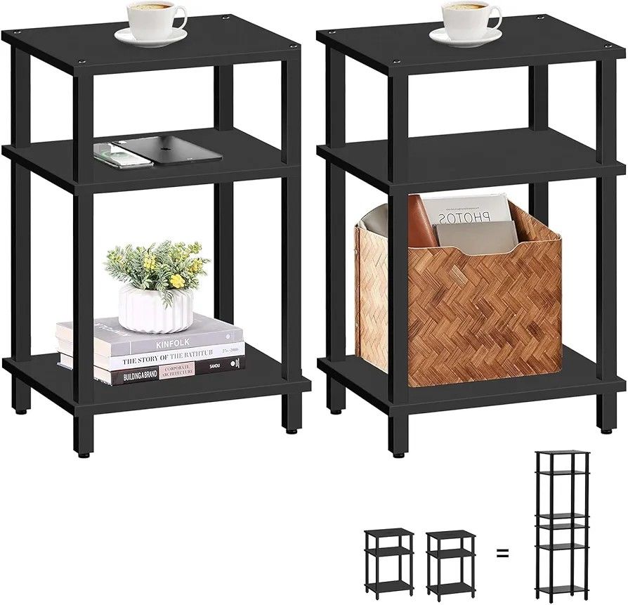 TUTOTAK Set of 2 End Table, Side Table, Nightstand, 3-Tier Storage Shelf, Couch Table for Small Space TB01BK0492