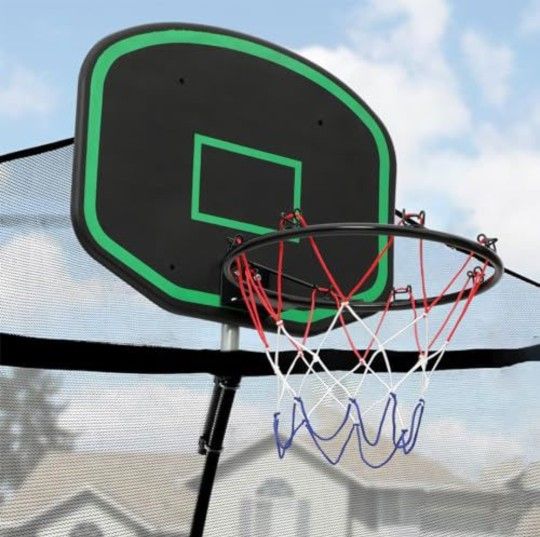 Basketball Hoop for Trampoline, Fit for Straight Pole and Curved Pole with Protective Net, Trampoline Basketball Hoop with 2 Mini Basketball and Pump,