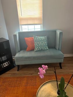 Light Blue Velvet Loveseat – Excellent Condition