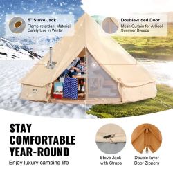 Canvas Bell Tent, 4 Seasons 3 m/9.8ft Yurt Tent, Canvas Tent for Camping with Stove Jack, Breathable Tent Holds up to 4 People, Family Camping Outdoor