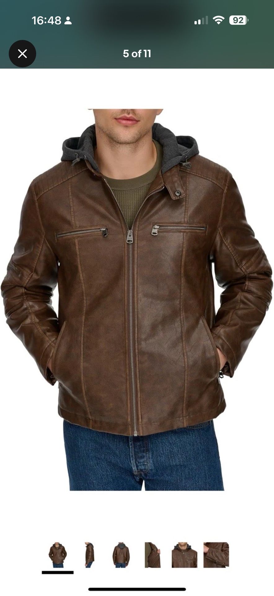 Levi's mens Faux Leather Racer Jacket. Saddle Two Toned hooded XL. New W/ Tags