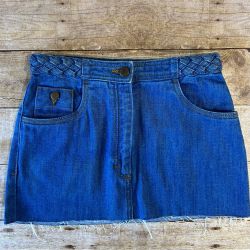 H&M Braided Waist Denim Mini Skirt Size 4 Medium Wash Raw Hem Blue
