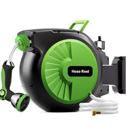 Garden Hose Reel 100FT x 1/2 in, Wall Mount Water Hose Reel for Outside with Auto Rewind, Tangle-Free Guide, 180° Swivel Bracket, Lock at Any Length, 