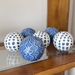 SIX  CERAMIC  BLUE/WHITE DECORATIVE BALLS