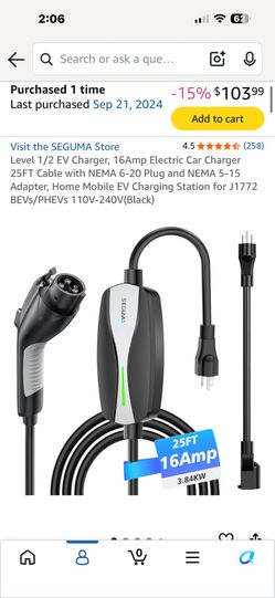 Level 1/2 EV Charger, 16Amp Electric Car Charger 25FT Cable with NEMA 6