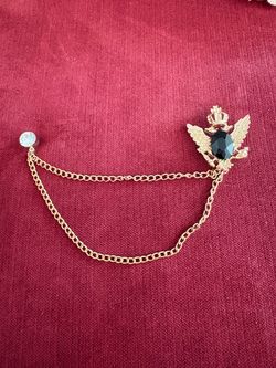Never Used Men's Crown Eagle Lapel Pin Brooch Gold Tone Chain Rhinestone Collar