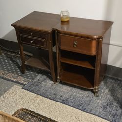 Two Antique Brownwood End Tables With Drawers And Shelves