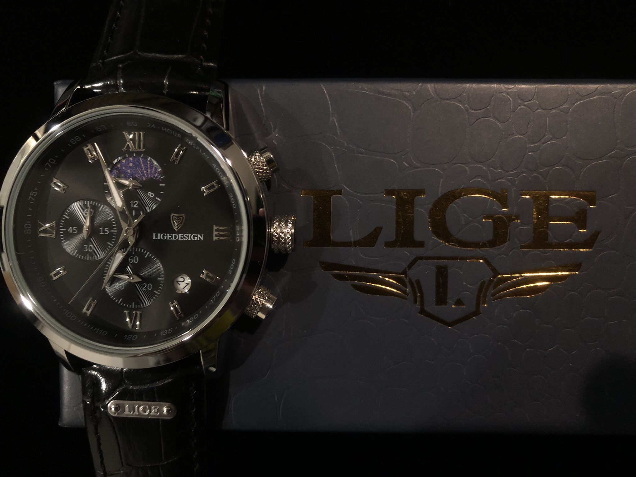 Men’s LIGE Luminous Calendar Chronograph Faux Leather Luxury Watch 