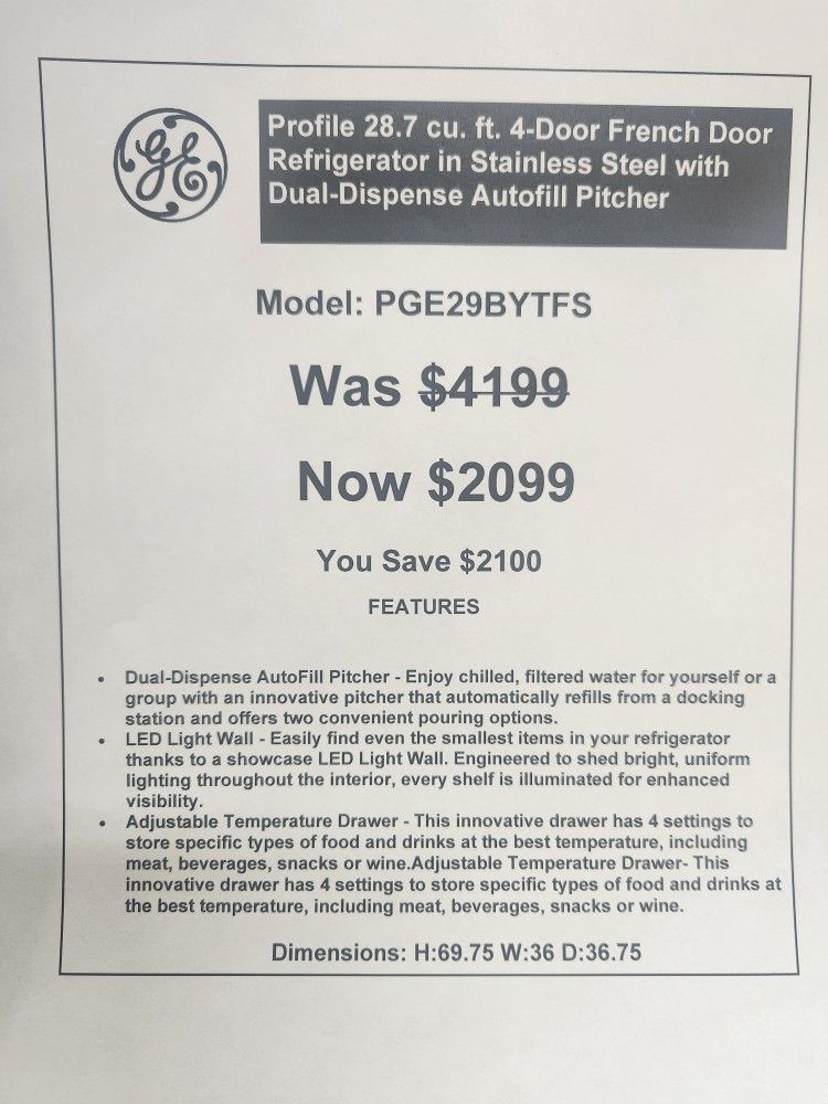 $599 $2099 GE Refrigerators Brand New, Express Delivery, One Year Warranty