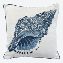 Hand Embroidered Conch Shell Pillow Indoor/Outdoor 18x18 Coastal White Blue